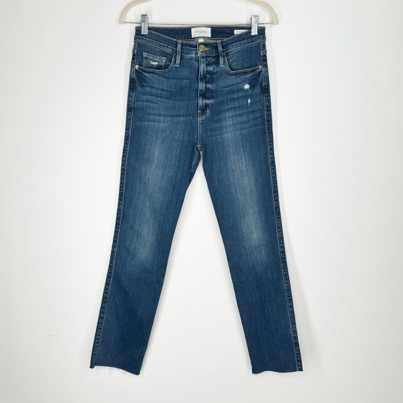 Frame Le Sylvie Slender Straight Raw Hem Blue Jeans Women Size 27 - Picture 1 of 11